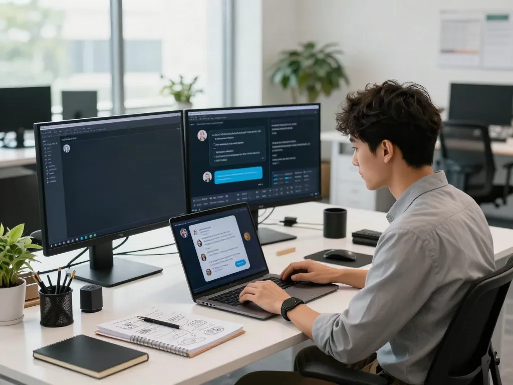 Engaging in an unfiltered AI chat at a tech workspace, surrounded by data visualizations and modern gadgets.
