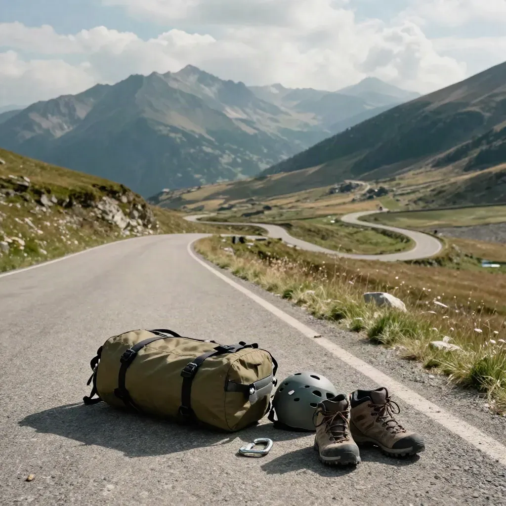 Route de montagne vers un décollage, avec sac d’aile, casque et chaussures de marche dans l’herbe.