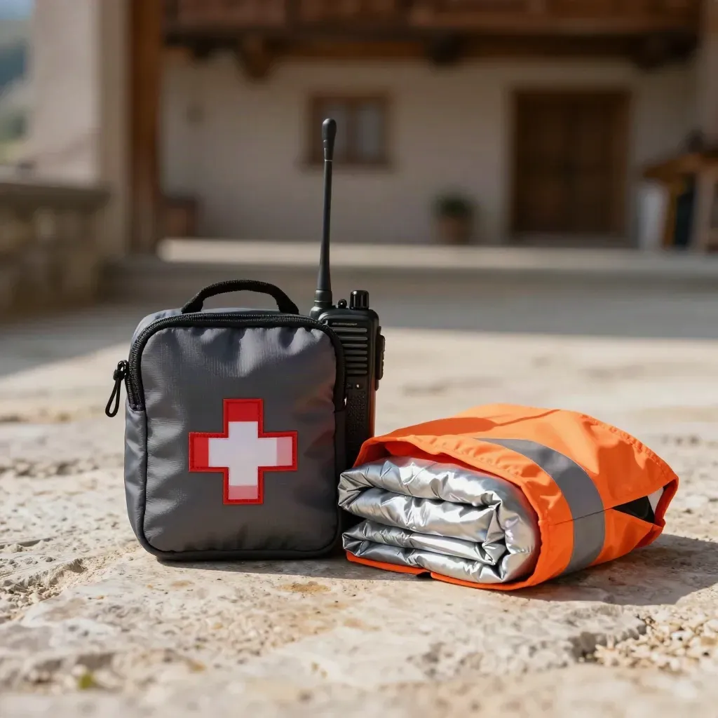 Kit de briefing sécurité pour parapente sur sol minéral clair, radio et trousse prêts au départ.