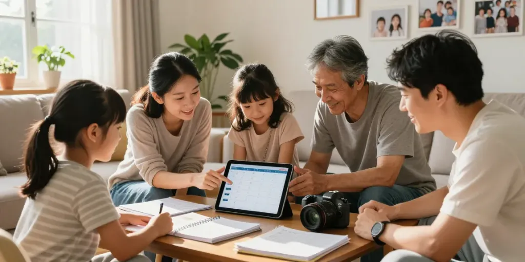 Un agenda partagé famille utilisé par des membres d'une famille réunie dans un salon chaleureux.